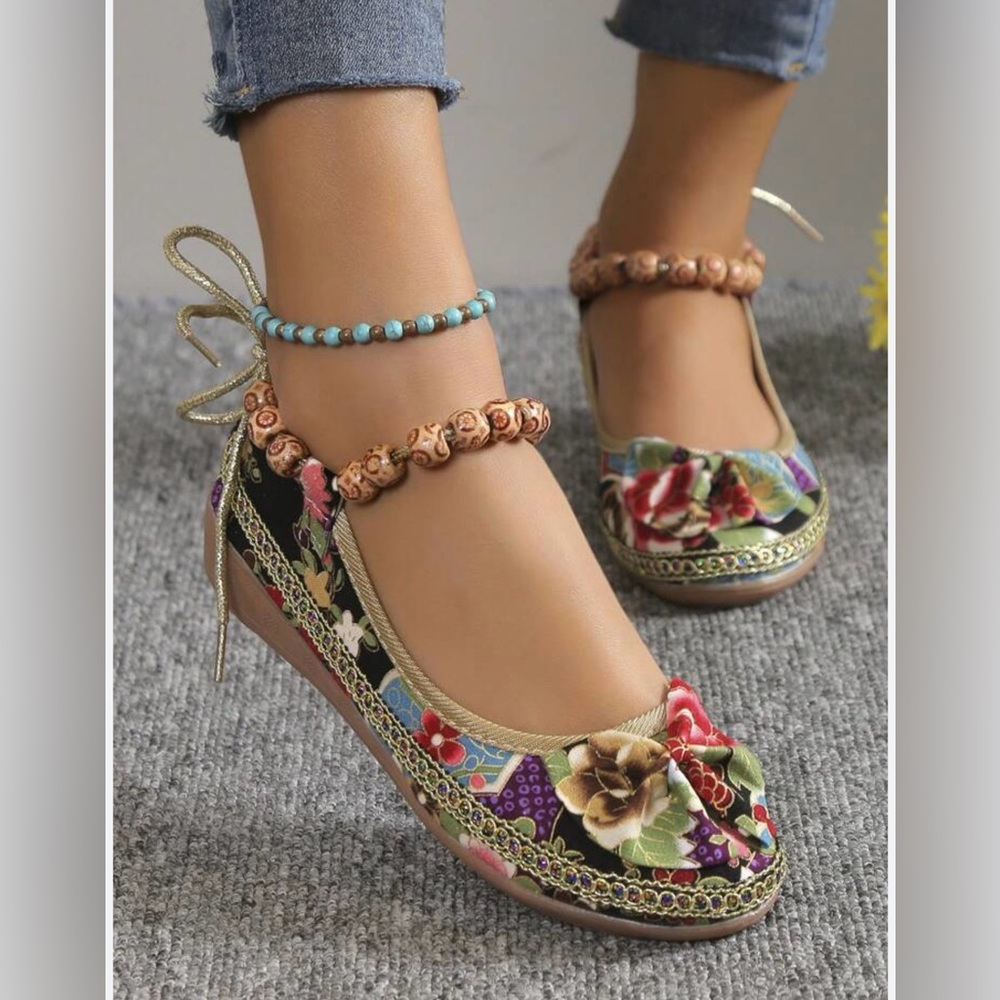 🦋New Women Floral Pattern Bead Decor Ankle Strap Flats, Fabric Fashion Flats
